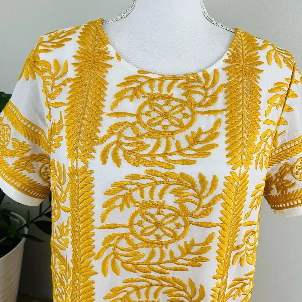 All:Row 60's Inspired Yellow & White Embroidered Retro Mini Dress Size 12 - Picture 2 of 9